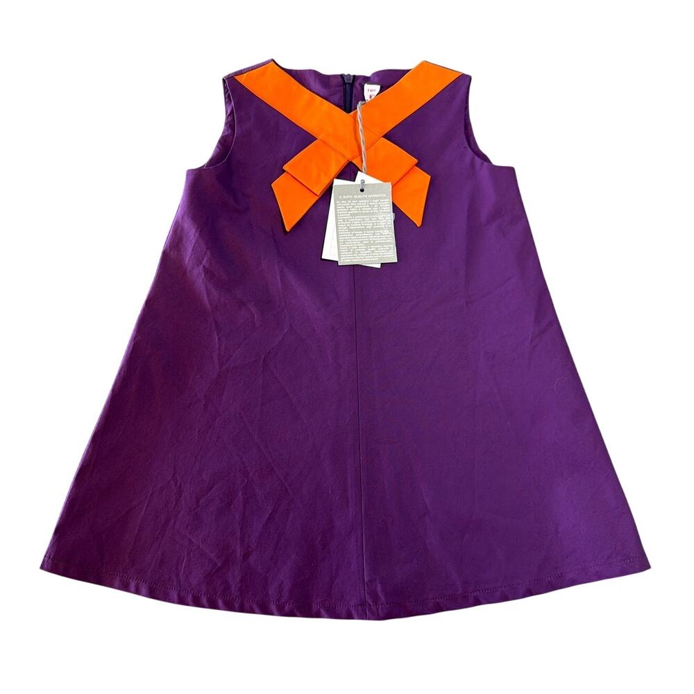 NWT Il Gufo Girls Purple & Orange Bow A-Line Dress, 3 Years
